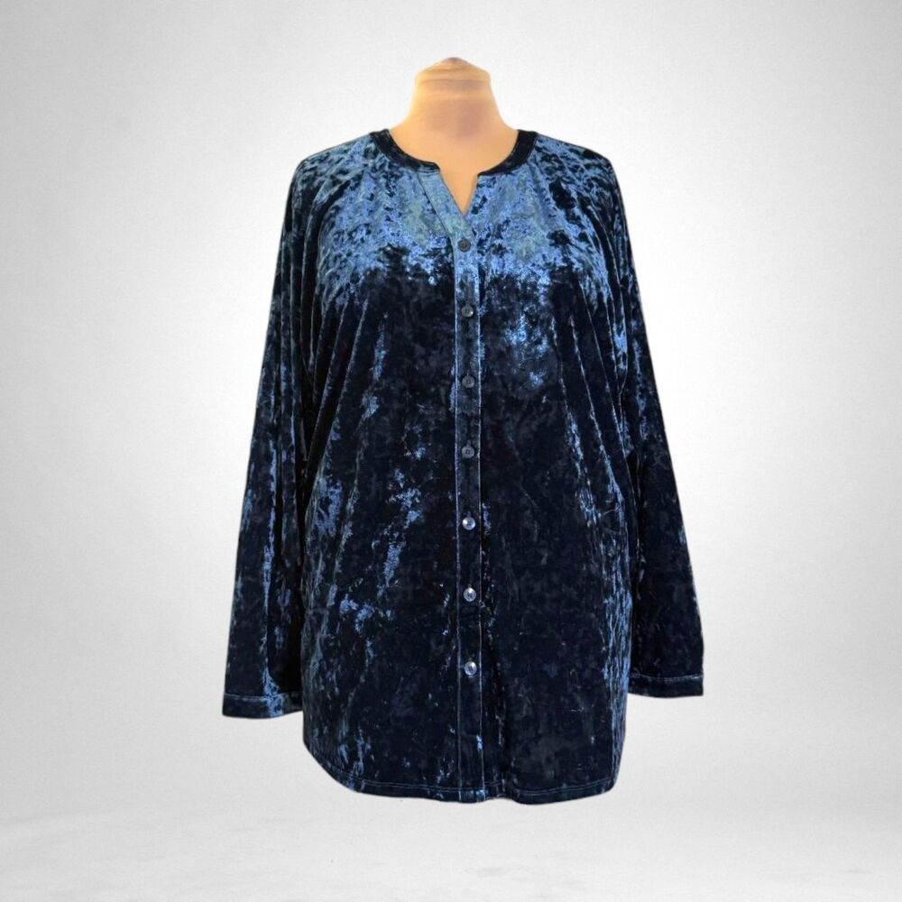 Belle Boho by Kim Gravel Crushed Blue Velvet Long-Sleeve tunic Shirt, NWOT 4X